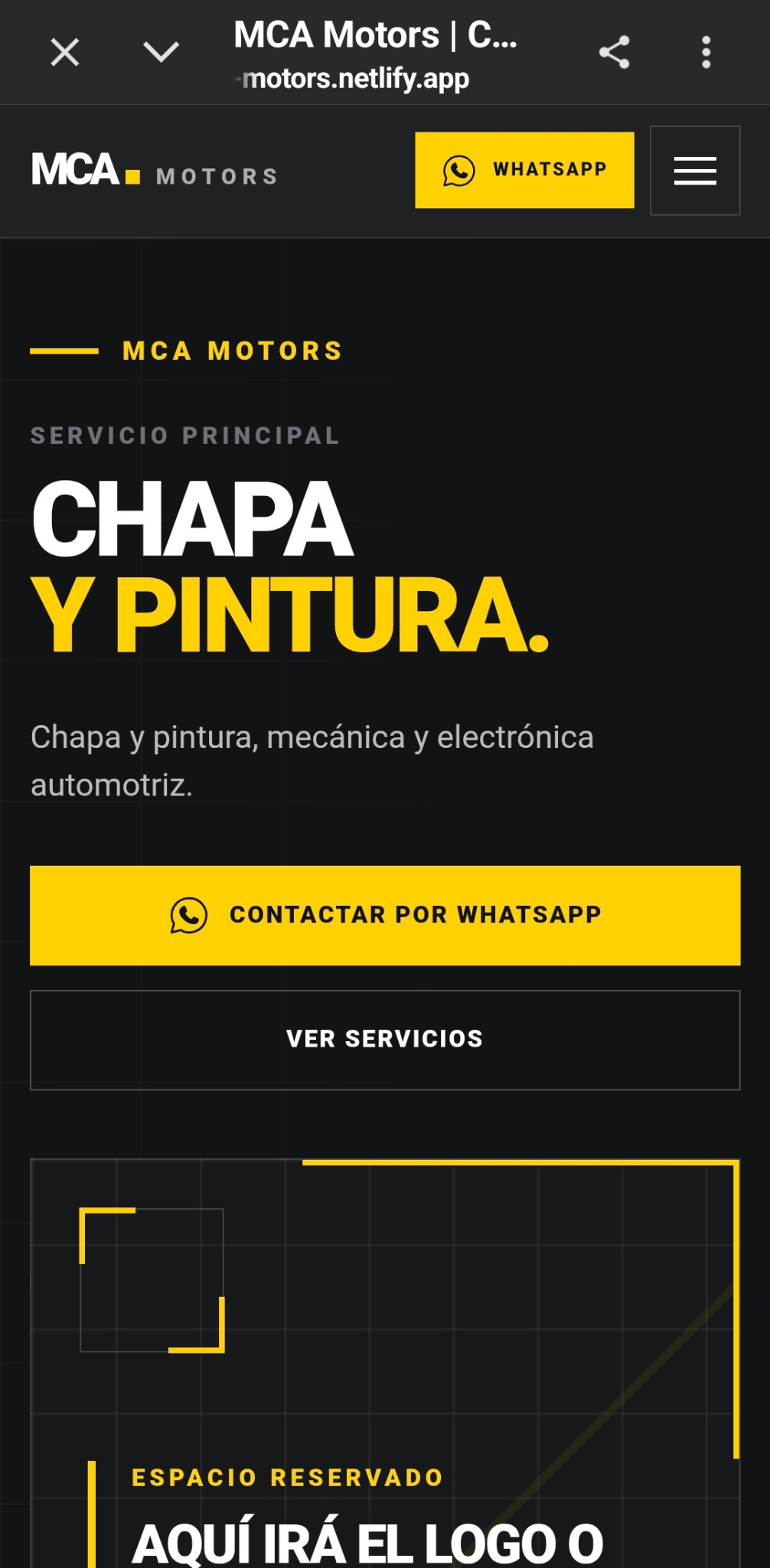 Inicio del sitio de MCA Motors en celular