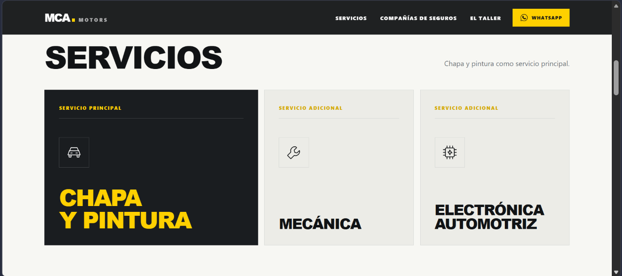 Servicios presentados en el sitio de MCA Motors